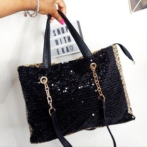 Black faux leather sequin bag with leopard print and chain handles